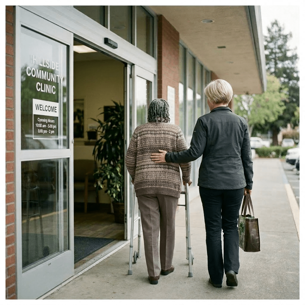 Elderly woman using a walker helped by a younger woman outside Hillside Community Clinic